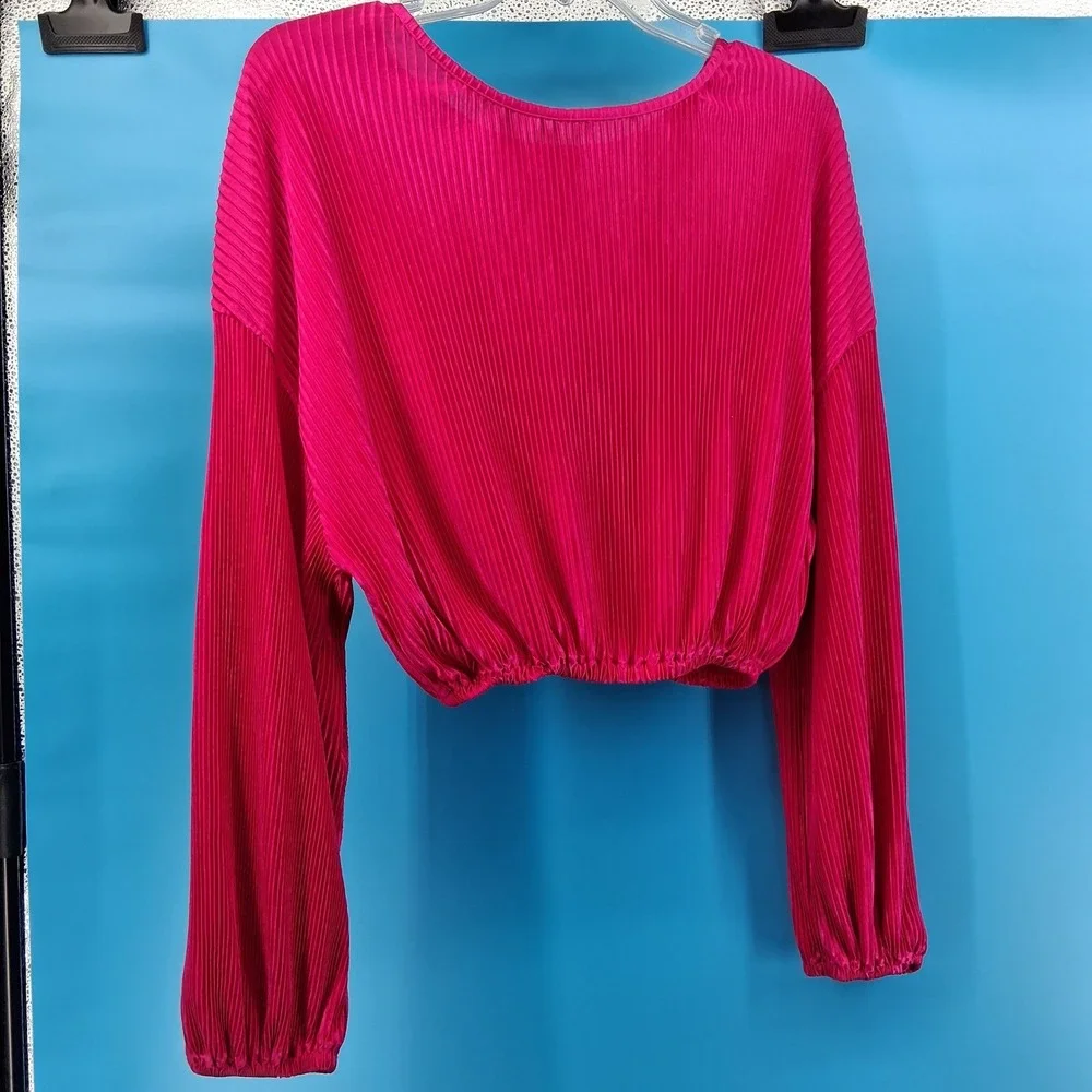 SHEIN Pant Set Womens 6 Magenta Pink Plisse Pleated Crop Top Wide Leg 2‎ Piece